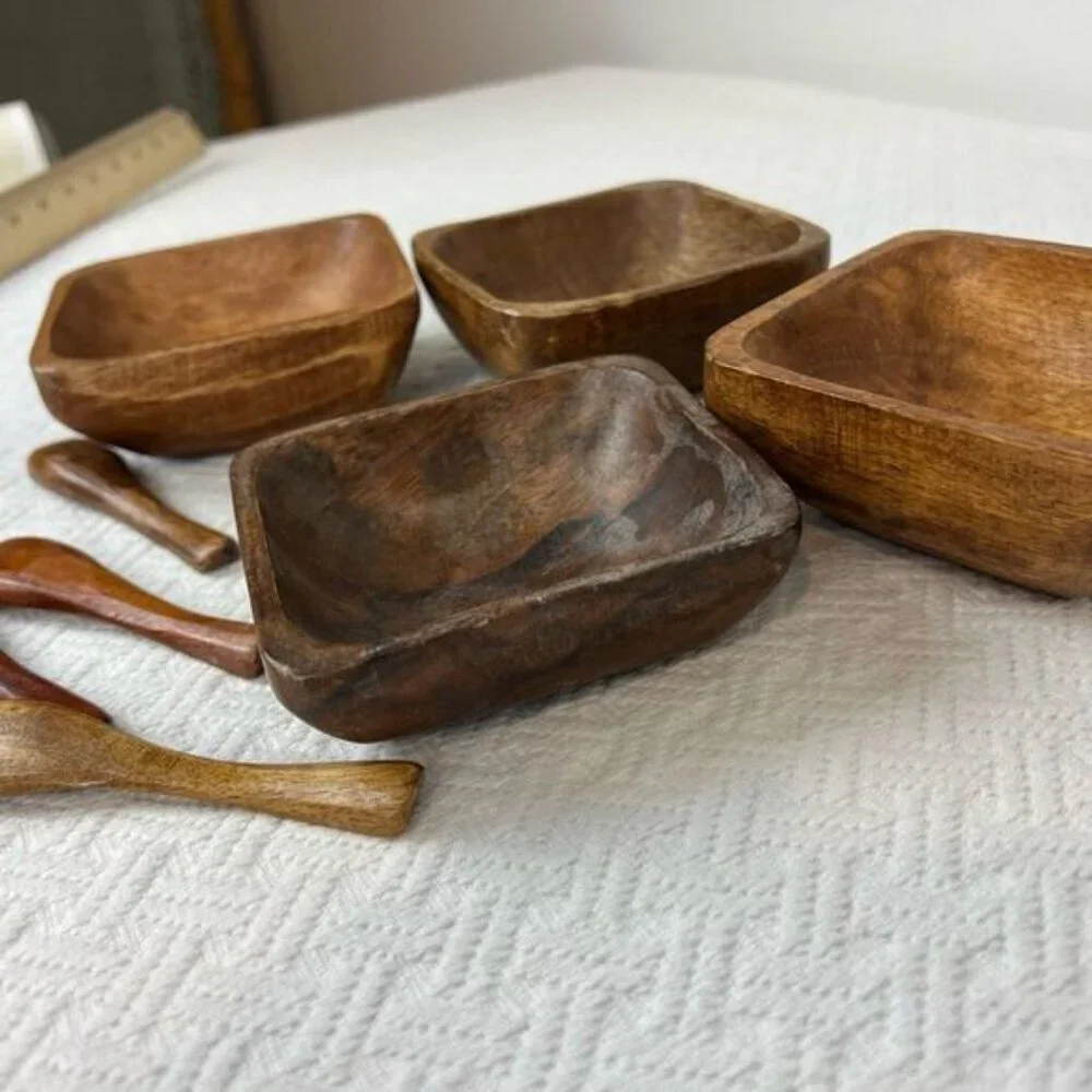 Vintage Antique 8 Piece Teak Wood Primordial Bowl and Spoon Sauce Serve Set - Picture 9 of 13